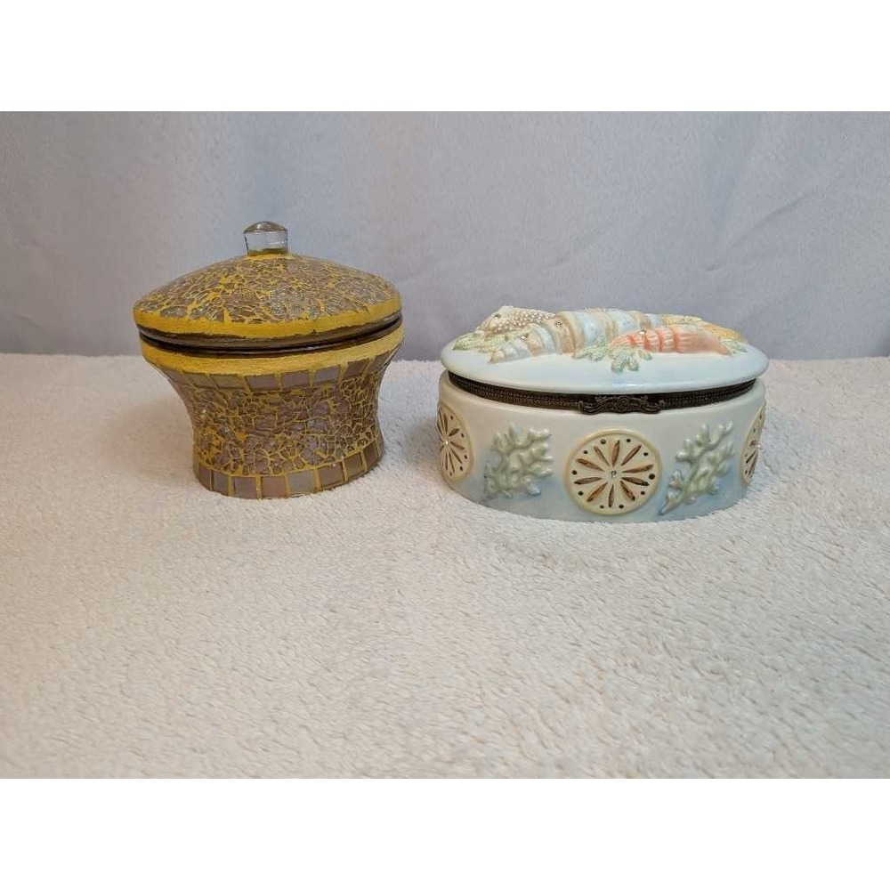 Two Decorative Trinket‎ Boxes Mosaic and Seashell Collectible Keepsake